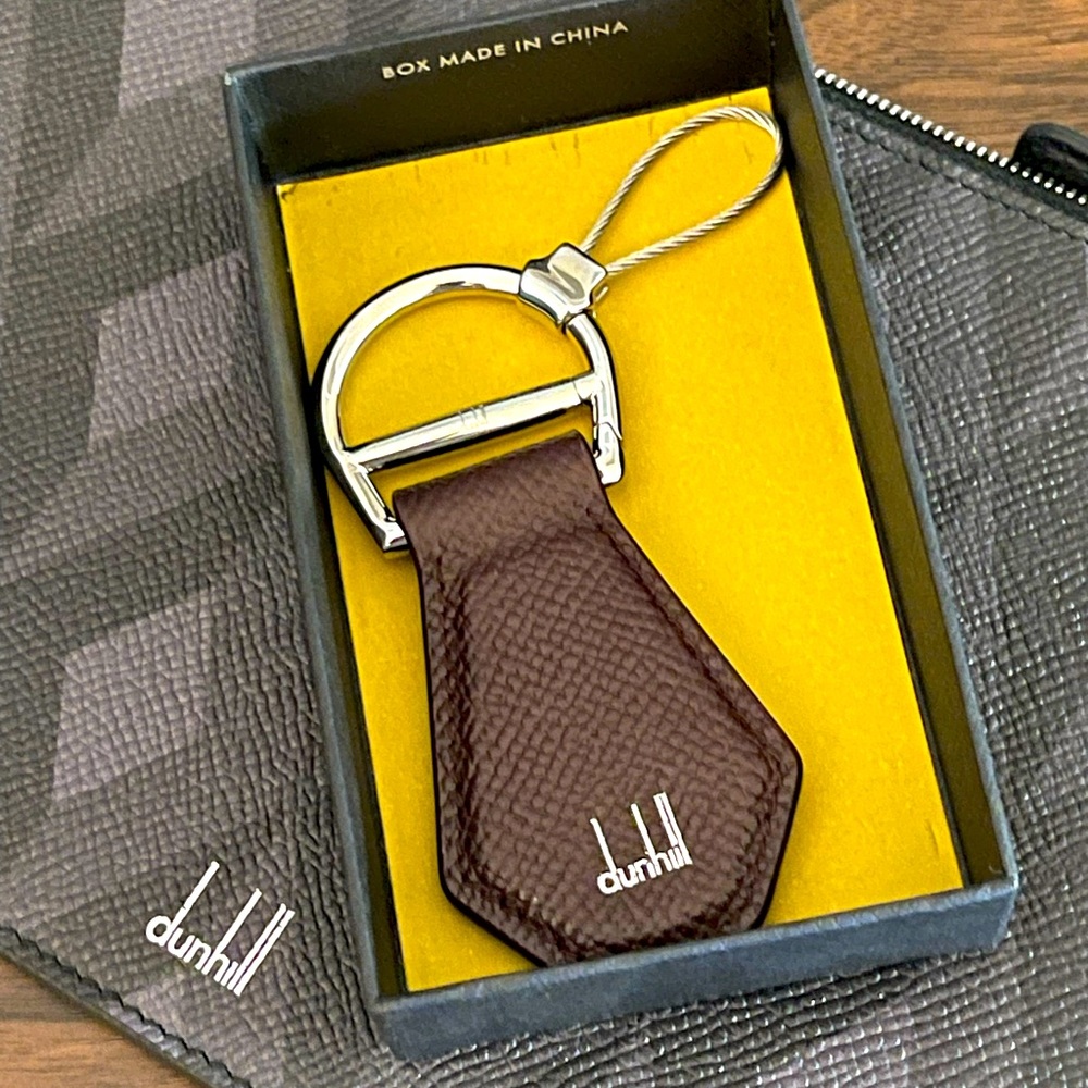 MDunhill brown Leather logo framed gold clasp key fob key chain  new w/box